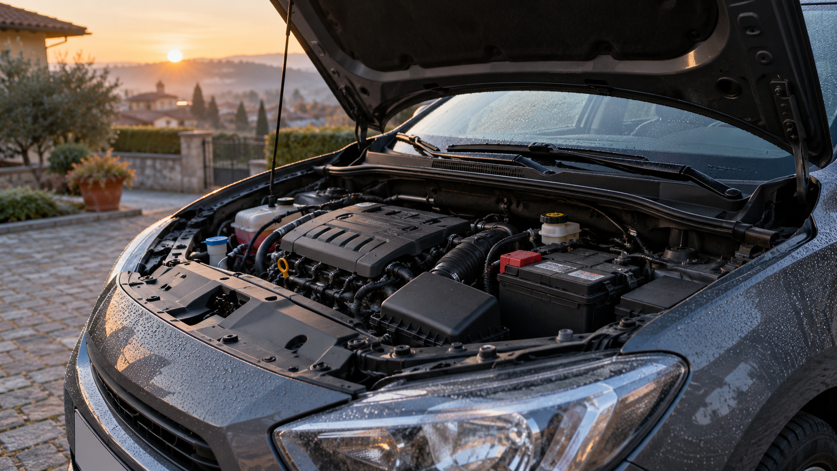 Vano motore di un’auto con cofano aperto e batteria visibile, parcheggiata in un vialetto all’alba con rugiada sulla carrozzeria.