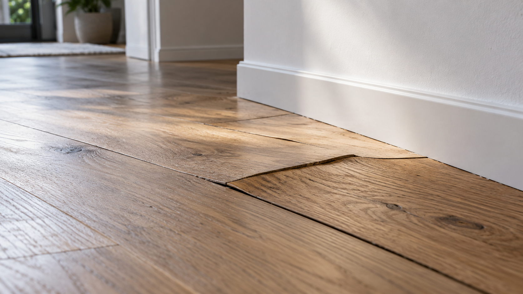 Dettaglio di un parquet in rovere con doghe sollevate vicino al battiscopa, senza acqua visibile sulla superficie